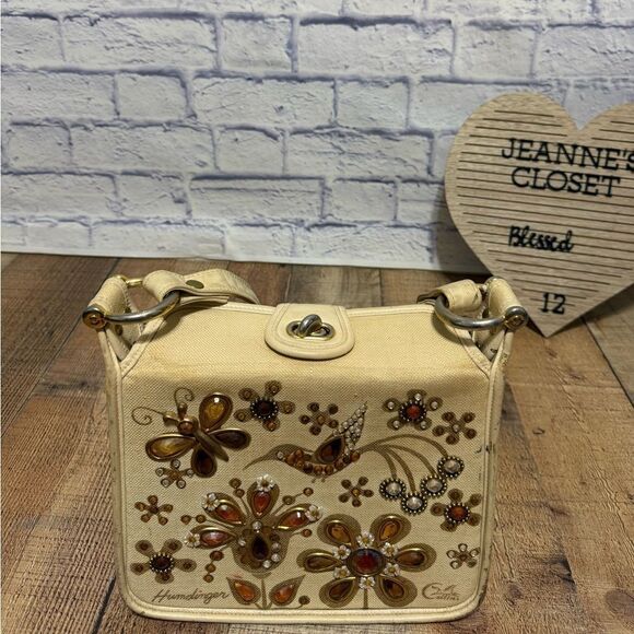 Enid Collins Humdinger Hummingbird Flowers Jeweled Canvas Bag Purse *flaws* - Picture 9 of 13